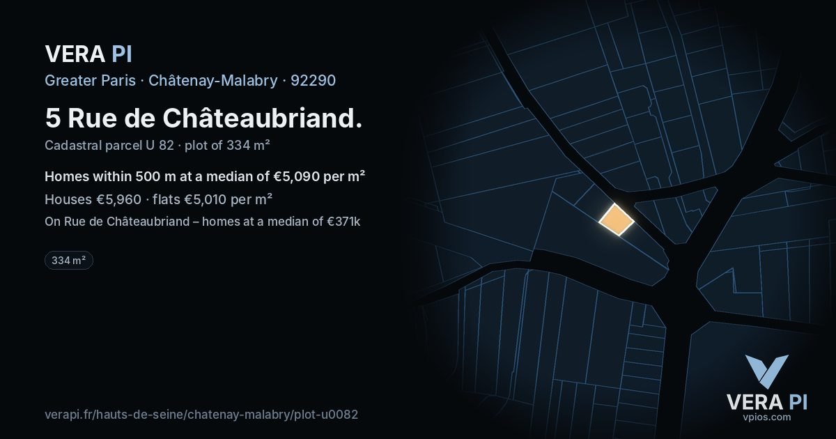 5 Rue de Châteaubriand, Châtenay-Malabry at night – the plot lit, the parcels around coloured by the prices near them