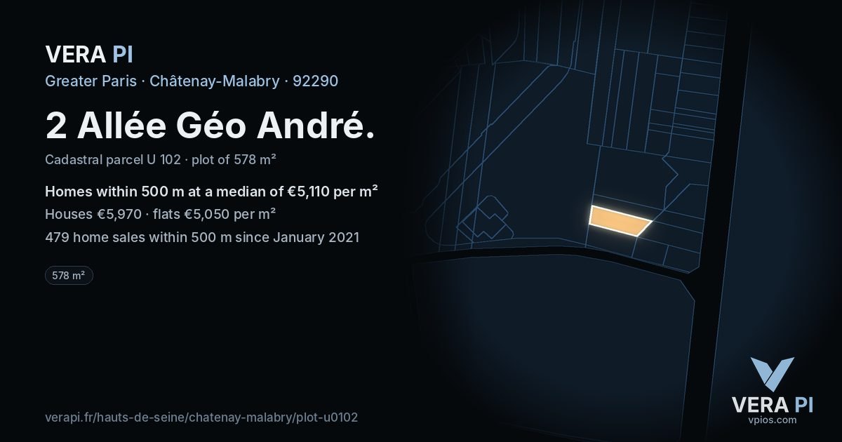 2 Allée Géo André, Châtenay-Malabry at night – the plot lit, the parcels around coloured by the prices near them