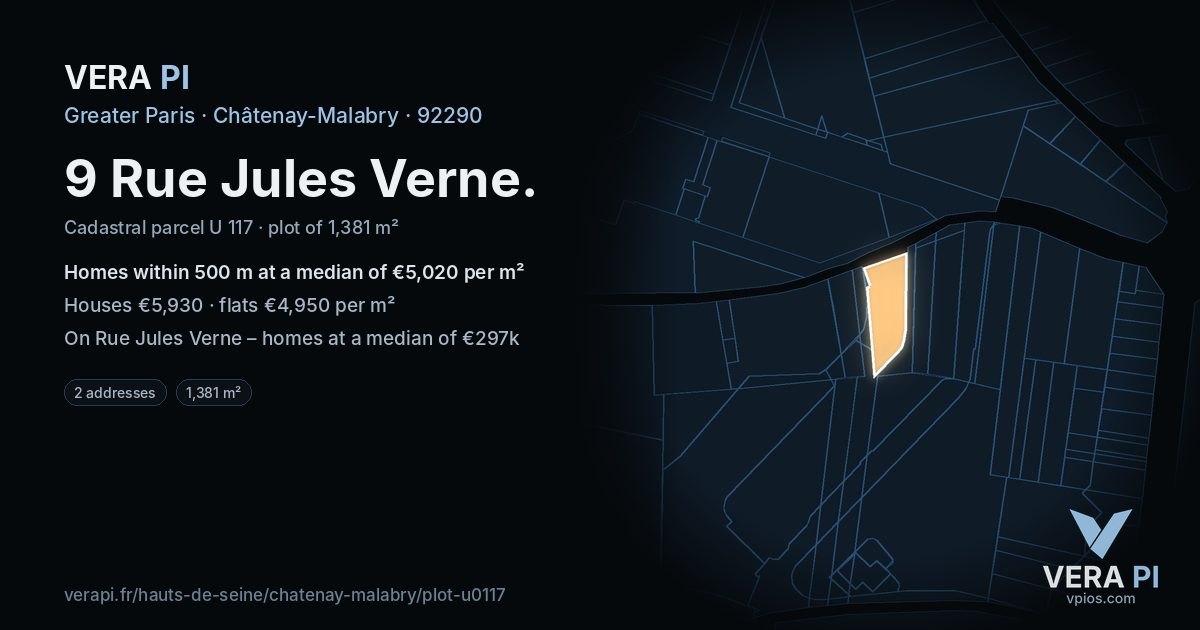 9 Rue Jules Verne, Châtenay-Malabry at night – the plot lit, the parcels around coloured by the prices near them