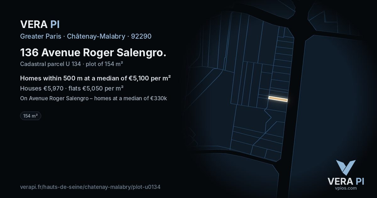 136 Avenue Roger Salengro, Châtenay-Malabry at night – the plot lit, the parcels around coloured by the prices near them