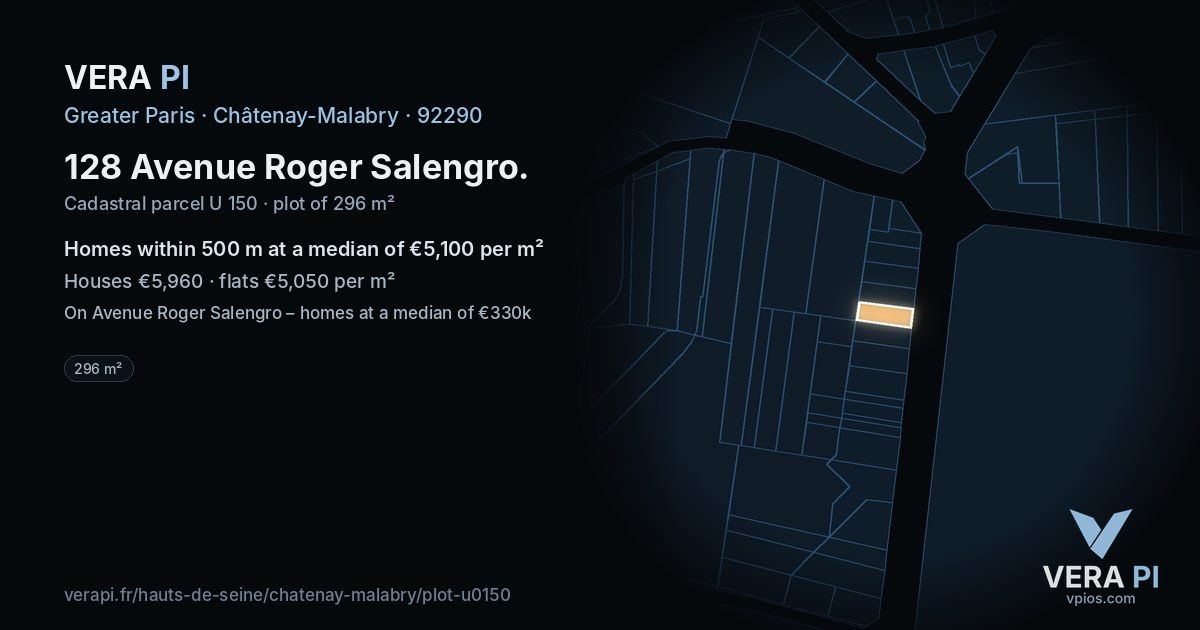128 Avenue Roger Salengro, Châtenay-Malabry at night – the plot lit, the parcels around coloured by the prices near them