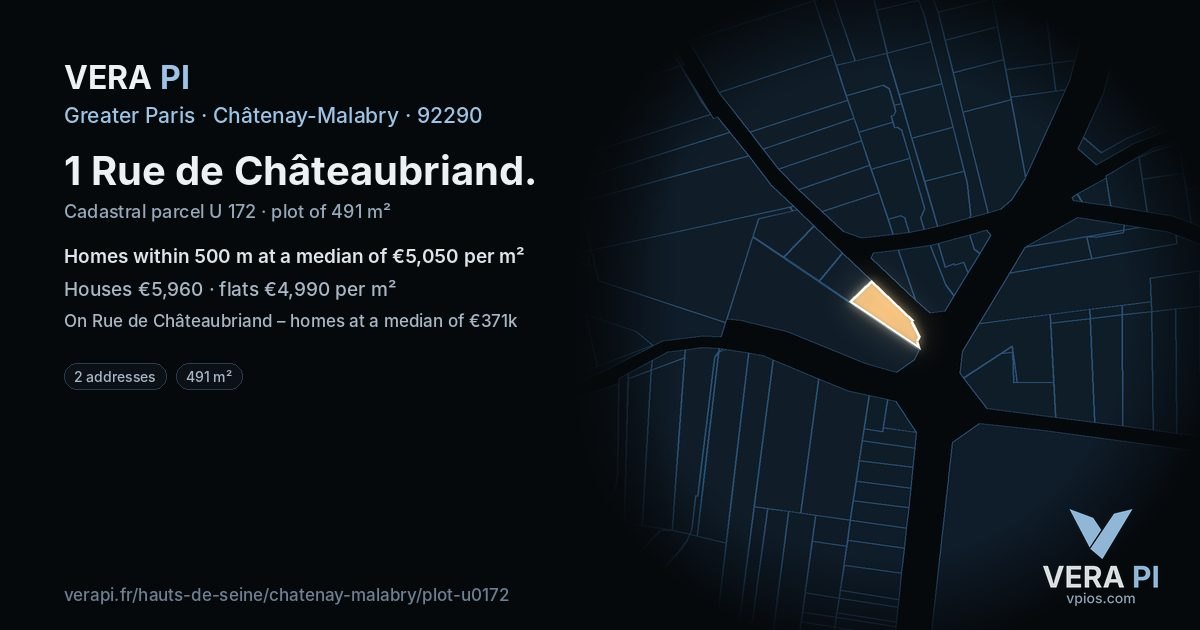 1 Rue de Châteaubriand, Châtenay-Malabry at night – the plot lit, the parcels around coloured by the prices near them