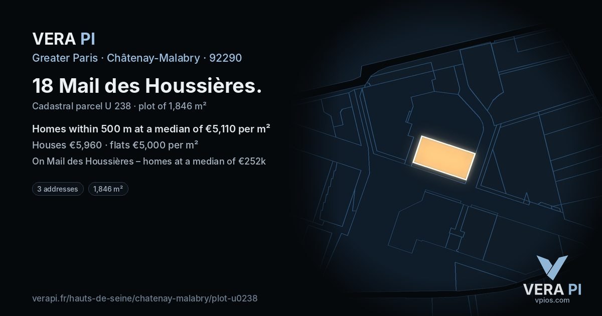 18 Mail des Houssières, Châtenay-Malabry at night – the plot lit, the parcels around coloured by the prices near them