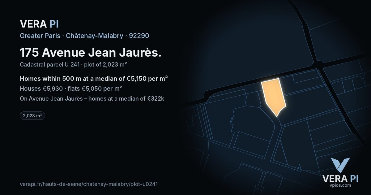 175 Avenue Jean Jaurès, Châtenay-Malabry at night – the plot lit, the parcels around coloured by the prices near them