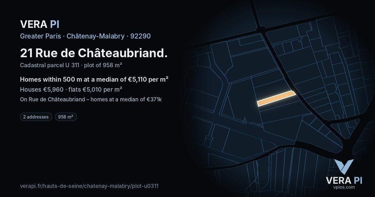 21 Rue de Châteaubriand, Châtenay-Malabry at night – the plot lit, the parcels around coloured by the prices near them