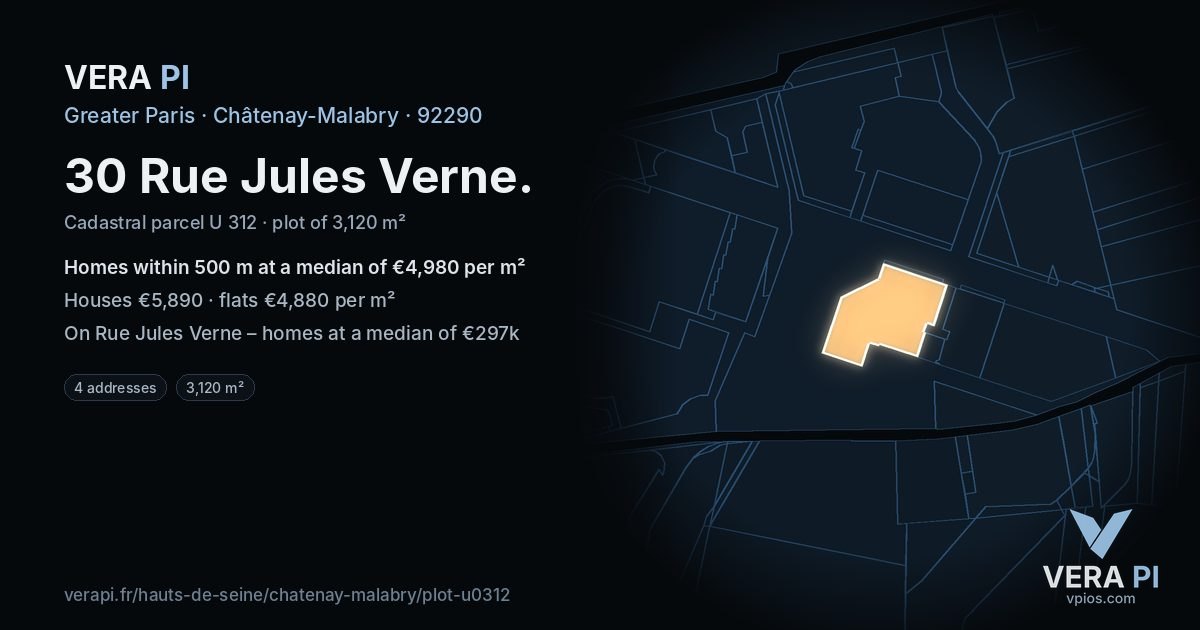 30 Rue Jules Verne, Châtenay-Malabry at night – the plot lit, the parcels around coloured by the prices near them