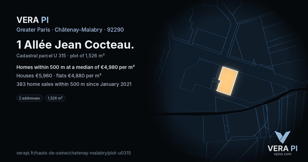 1 Allée Jean Cocteau, Châtenay-Malabry at night – the plot lit, the parcels around coloured by the prices near them
