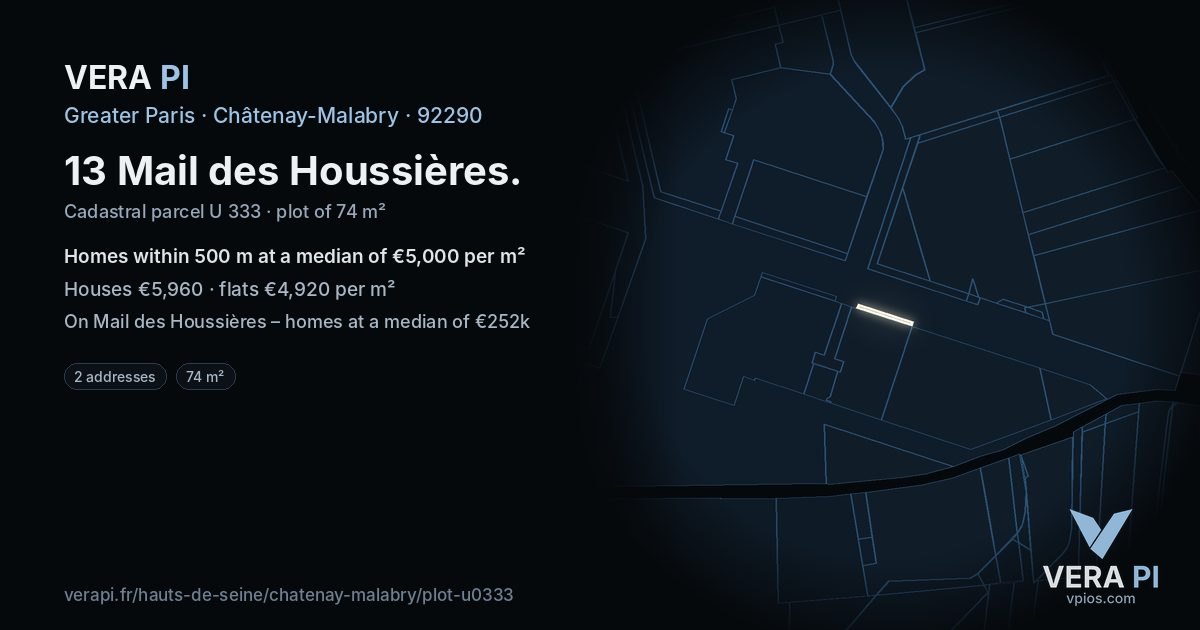 13 Mail des Houssières, Châtenay-Malabry at night – the plot lit, the parcels around coloured by the prices near them