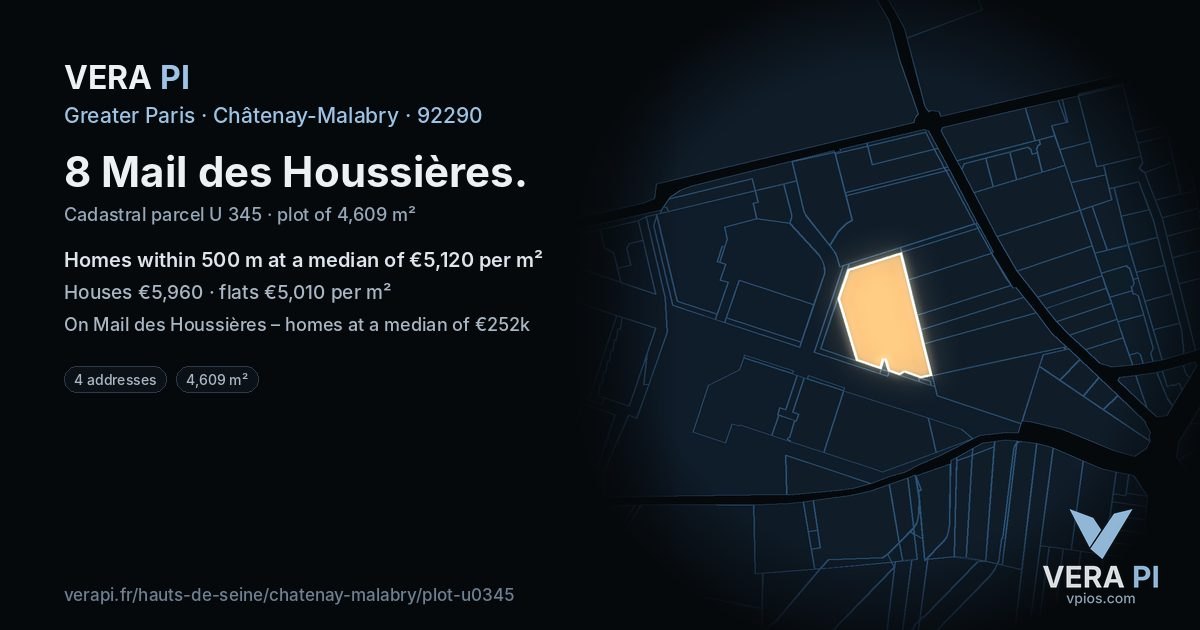 8 Mail des Houssières, Châtenay-Malabry at night – the plot lit, the parcels around coloured by the prices near them