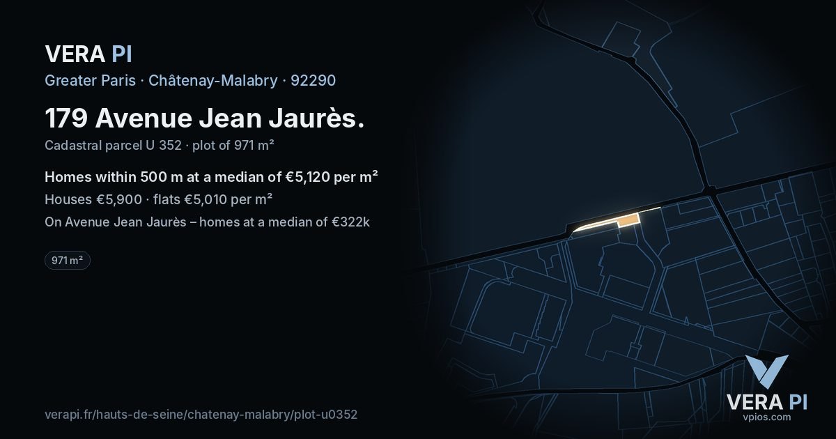 179 Avenue Jean Jaurès, Châtenay-Malabry at night – the plot lit, the parcels around coloured by the prices near them