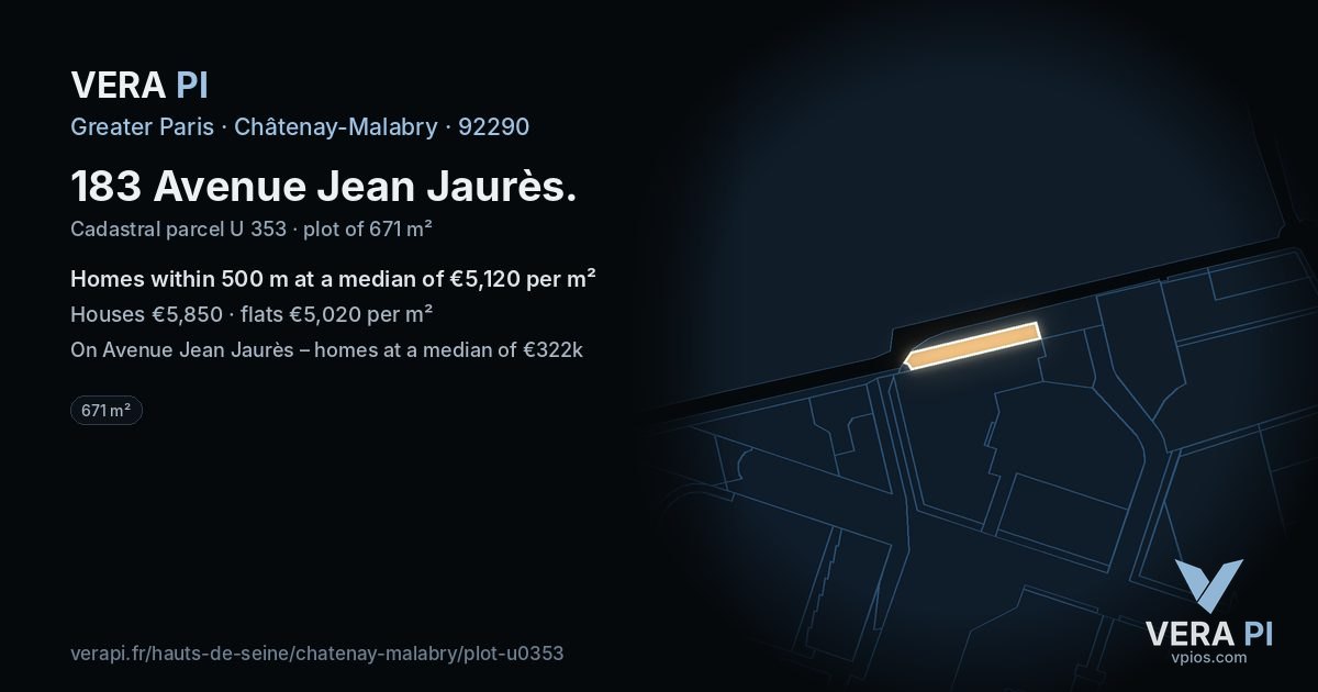 183 Avenue Jean Jaurès, Châtenay-Malabry at night – the plot lit, the parcels around coloured by the prices near them