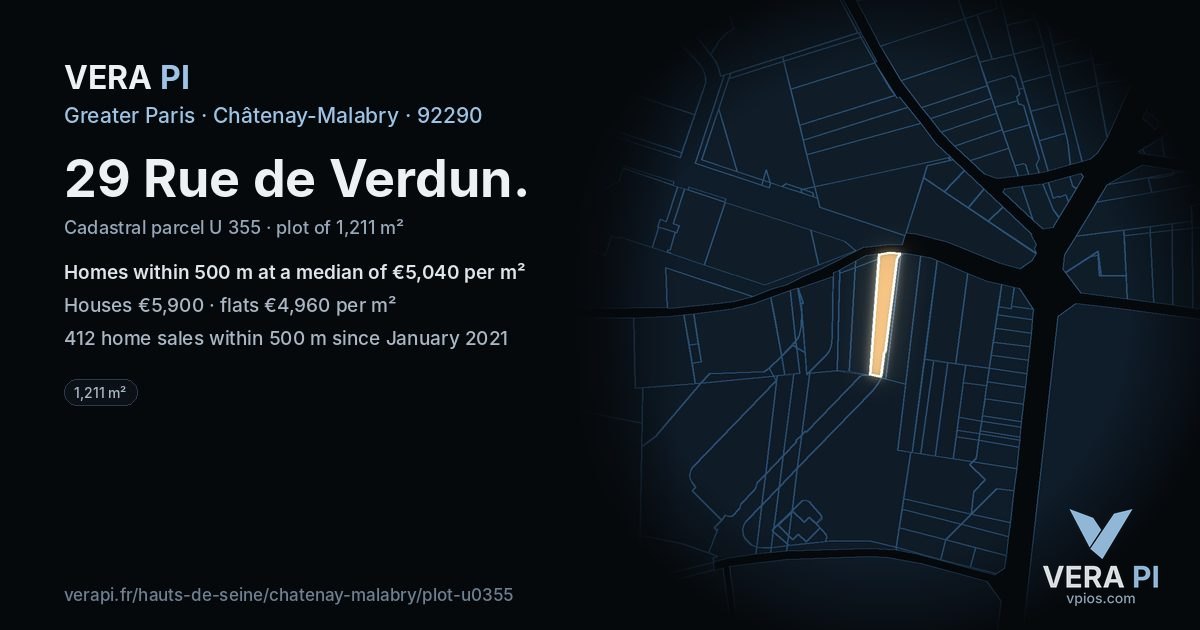 29 Rue de Verdun, Châtenay-Malabry at night – the plot lit, the parcels around coloured by the prices near them