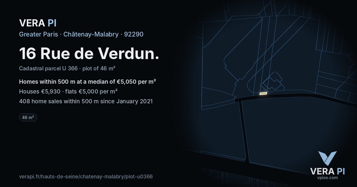 16 Rue de Verdun, Châtenay-Malabry at night – the plot lit, the parcels around coloured by the prices near them