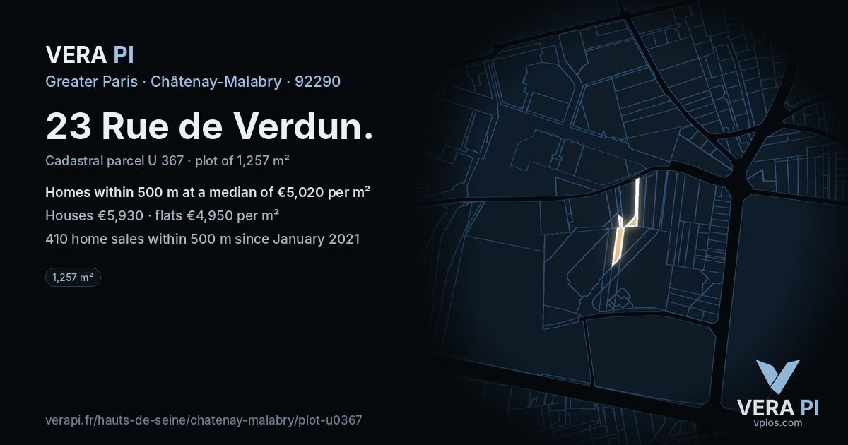 23 Rue de Verdun, Châtenay-Malabry at night – the plot lit, the parcels around coloured by the prices near them