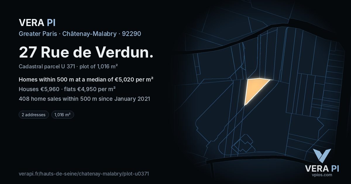 27 Rue de Verdun, Châtenay-Malabry at night – the plot lit, the parcels around coloured by the prices near them