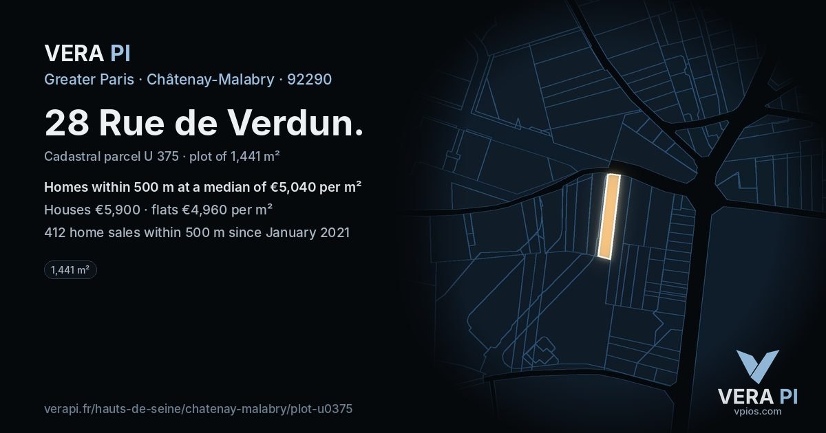 28 Rue de Verdun, Châtenay-Malabry at night – the plot lit, the parcels around coloured by the prices near them