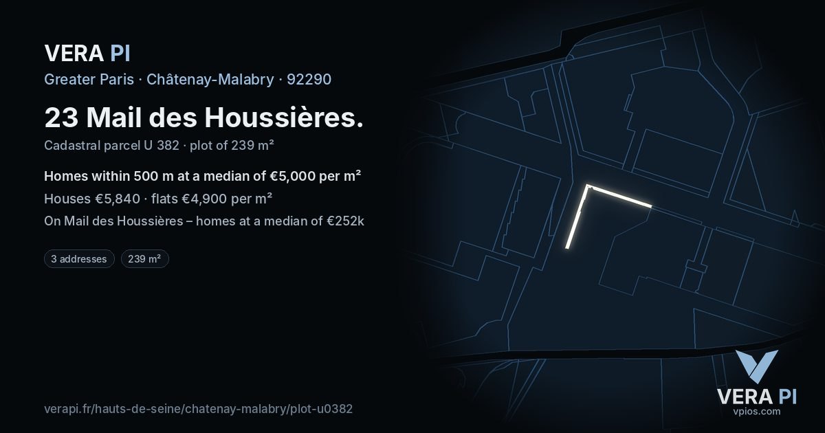 23 Mail des Houssières, Châtenay-Malabry at night – the plot lit, the parcels around coloured by the prices near them