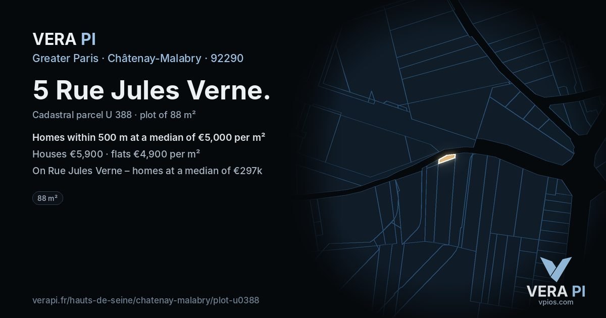 5 Rue Jules Verne, Châtenay-Malabry at night – the plot lit, the parcels around coloured by the prices near them