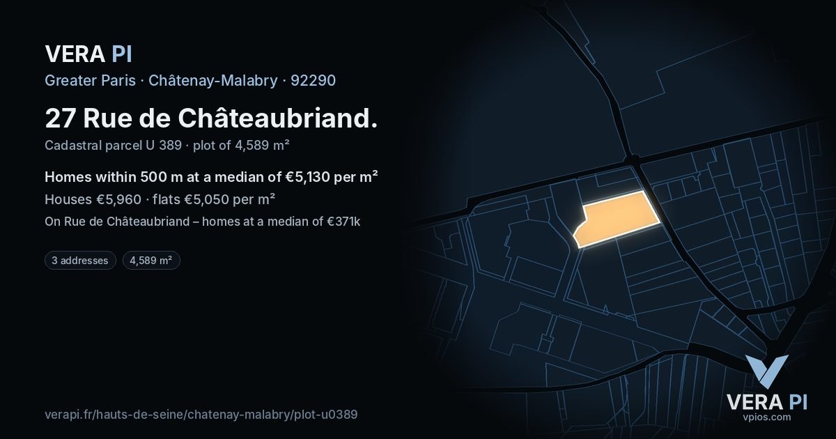 27 Rue de Châteaubriand, Châtenay-Malabry at night – the plot lit, the parcels around coloured by the prices near them