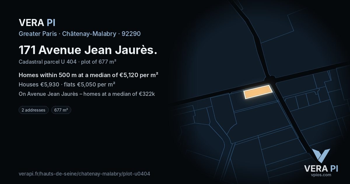 171 Avenue Jean Jaurès, Châtenay-Malabry at night – the plot lit, the parcels around coloured by the prices near them