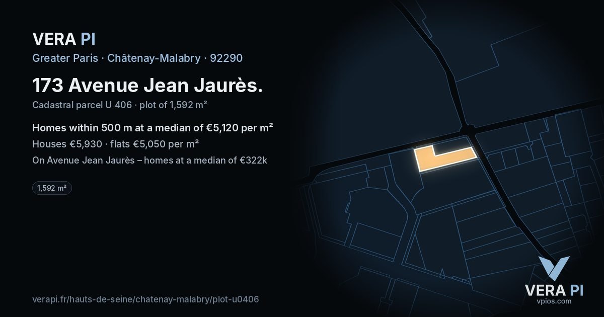 173 Avenue Jean Jaurès, Châtenay-Malabry at night – the plot lit, the parcels around coloured by the prices near them