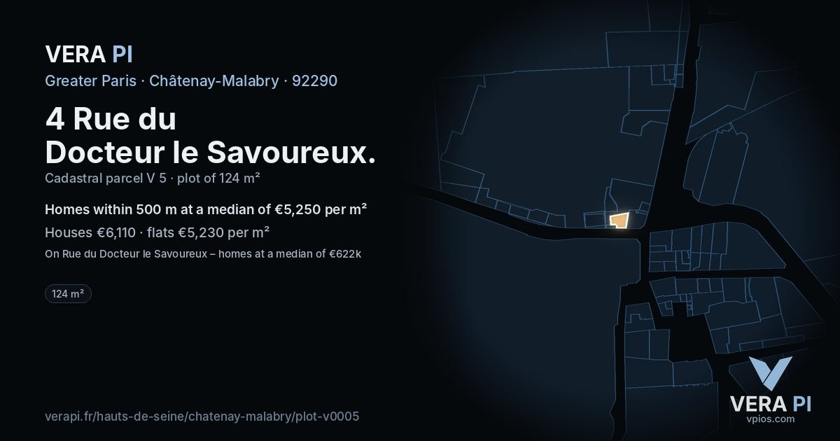 4 Rue du Docteur le Savoureux, Châtenay-Malabry at night – the plot lit, the parcels around coloured by the prices near them