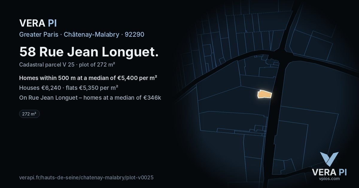 58 Rue Jean Longuet, Châtenay-Malabry at night – the plot lit, the parcels around coloured by the prices near them