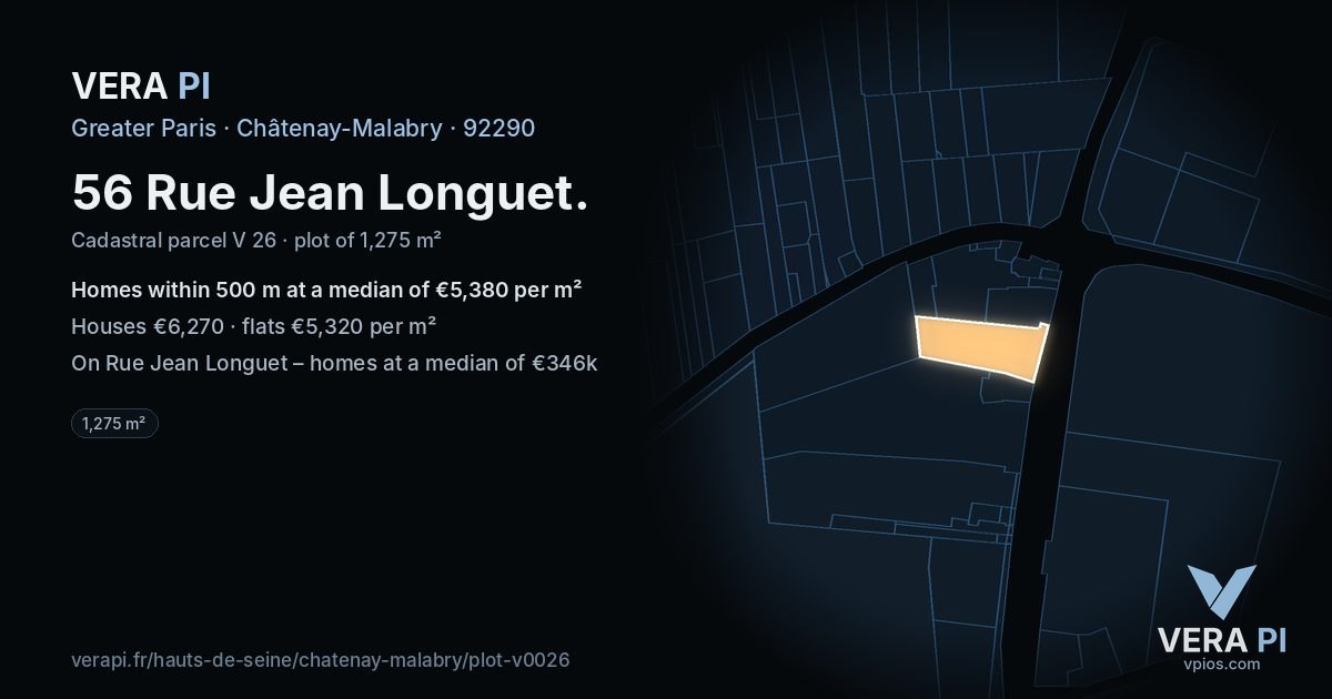 56 Rue Jean Longuet, Châtenay-Malabry at night – the plot lit, the parcels around coloured by the prices near them