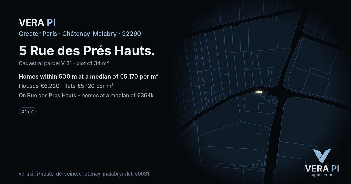 5 Rue des Prés Hauts, Châtenay-Malabry at night – the plot lit, the parcels around coloured by the prices near them