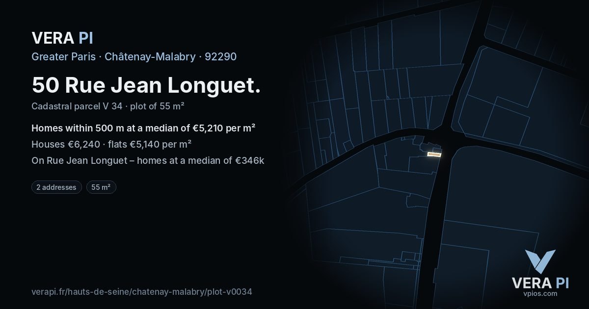 50 Rue Jean Longuet, Châtenay-Malabry at night – the plot lit, the parcels around coloured by the prices near them