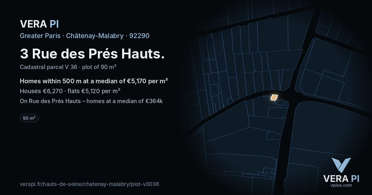 3 Rue des Prés Hauts, Châtenay-Malabry at night – the plot lit, the parcels around coloured by the prices near them