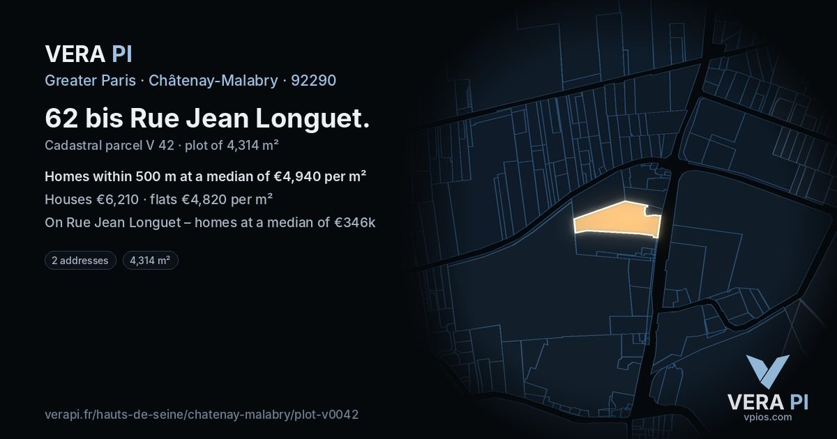 62 bis Rue Jean Longuet, Châtenay-Malabry at night – the plot lit, the parcels around coloured by the prices near them