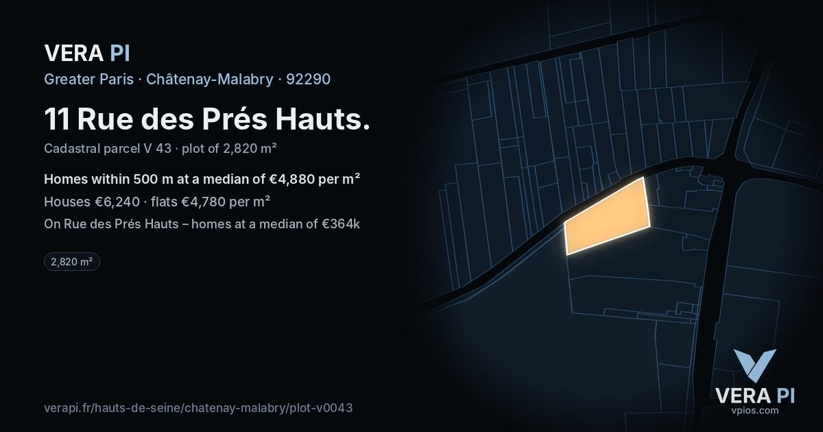 11 Rue des Prés Hauts, Châtenay-Malabry at night – the plot lit, the parcels around coloured by the prices near them