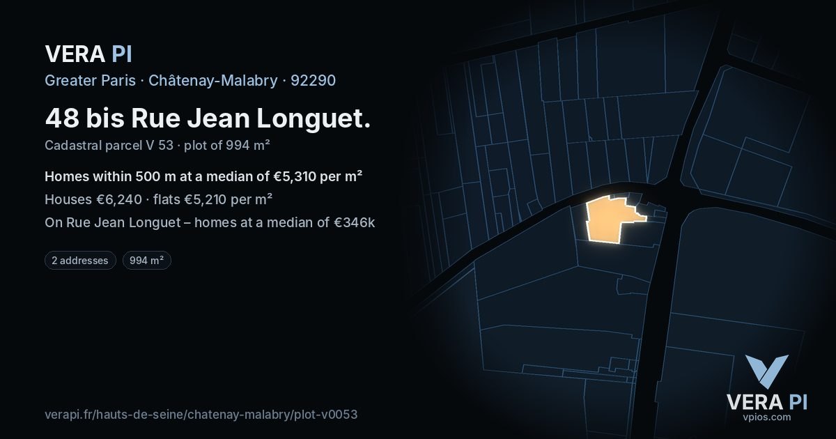 48 bis Rue Jean Longuet, Châtenay-Malabry at night – the plot lit, the parcels around coloured by the prices near them