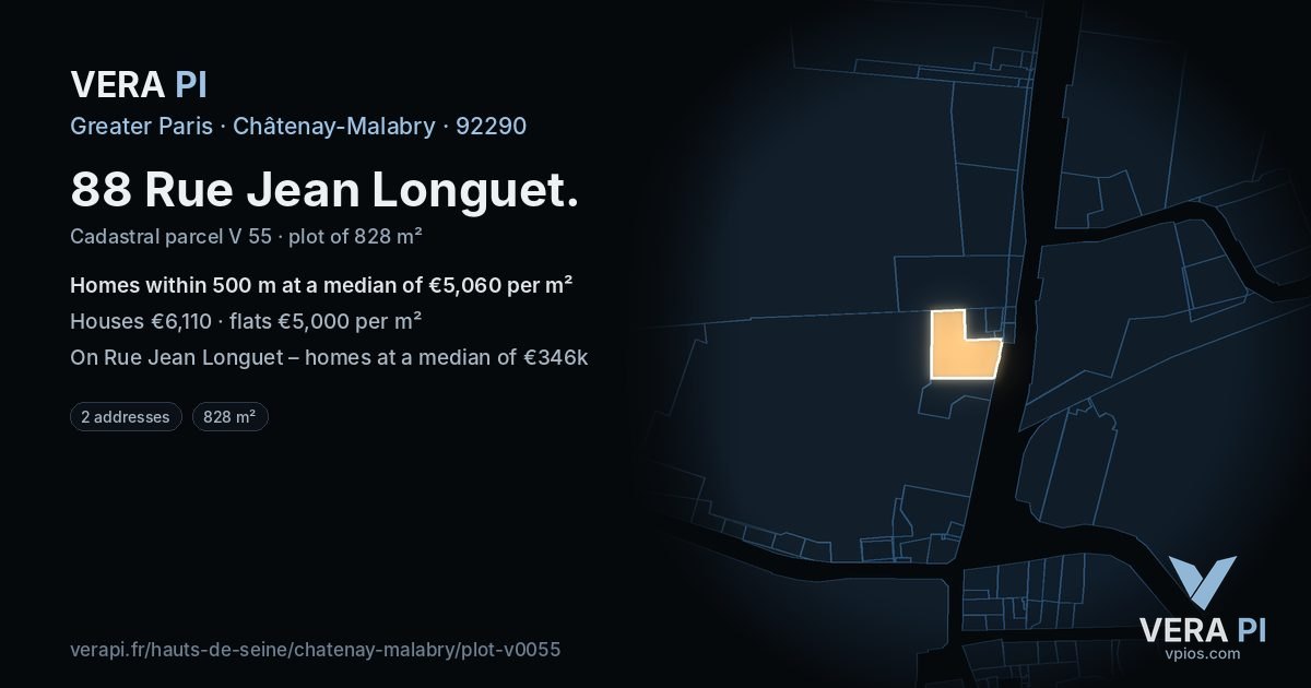 88 Rue Jean Longuet, Châtenay-Malabry at night – the plot lit, the parcels around coloured by the prices near them