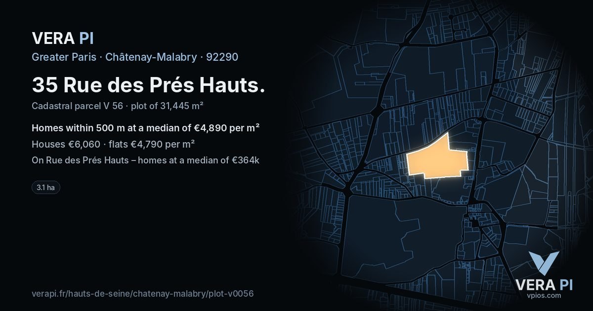 35 Rue des Prés Hauts, Châtenay-Malabry at night – the plot lit, the parcels around coloured by the prices near them