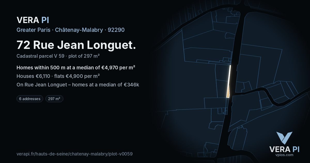 72 Rue Jean Longuet, Châtenay-Malabry at night – the plot lit, the parcels around coloured by the prices near them
