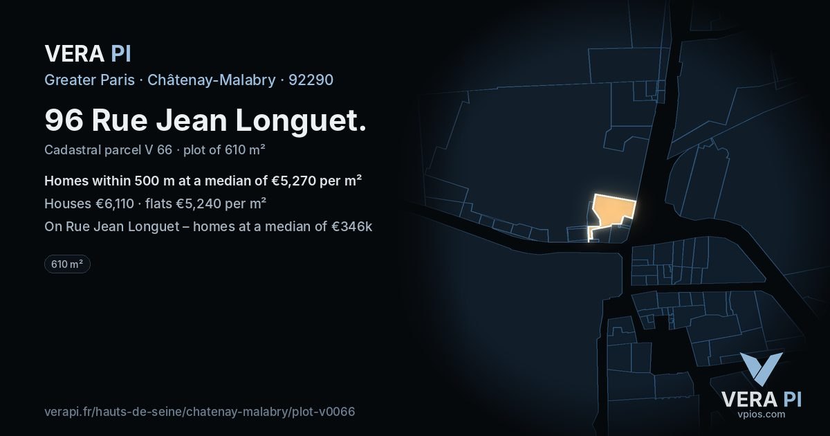 96 Rue Jean Longuet, Châtenay-Malabry at night – the plot lit, the parcels around coloured by the prices near them