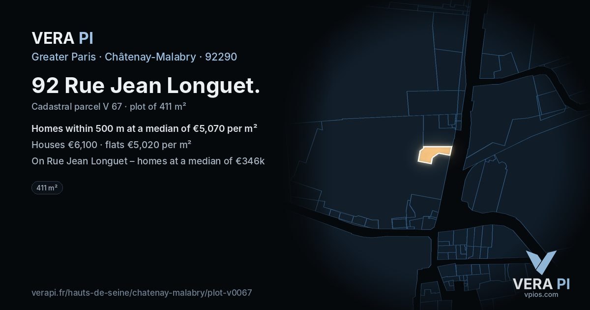 92 Rue Jean Longuet, Châtenay-Malabry at night – the plot lit, the parcels around coloured by the prices near them
