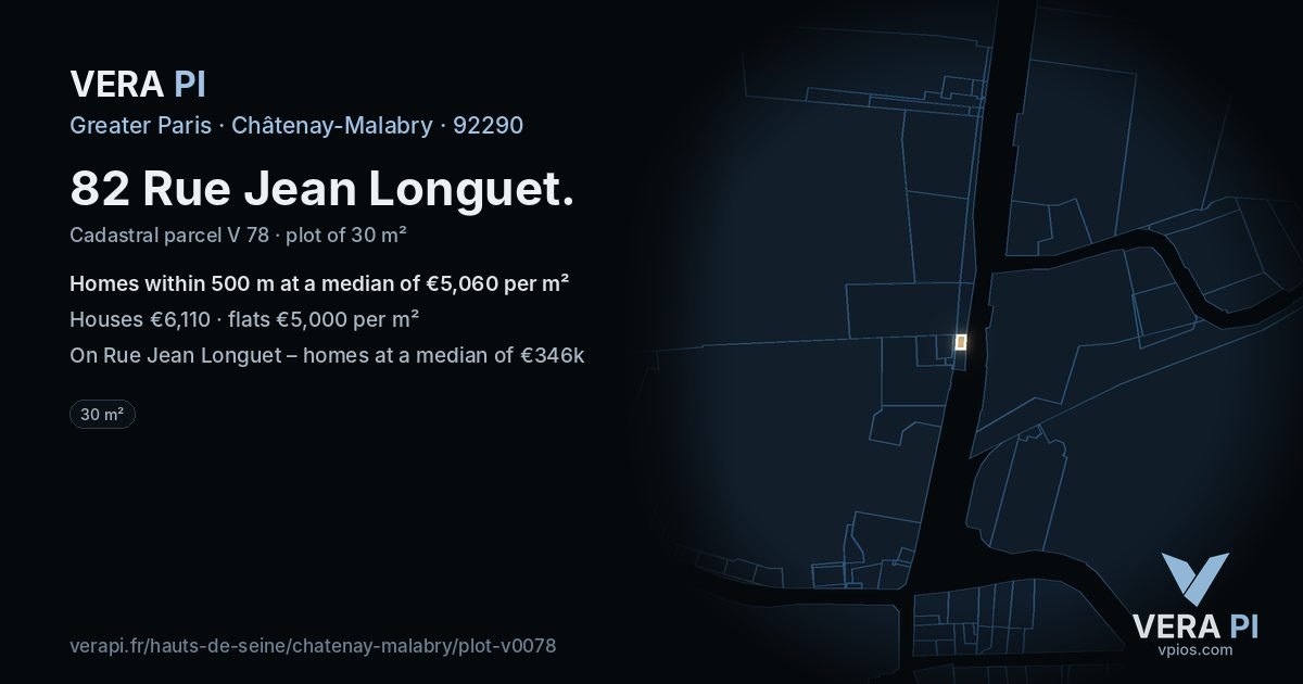 82 Rue Jean Longuet, Châtenay-Malabry at night – the plot lit, the parcels around coloured by the prices near them