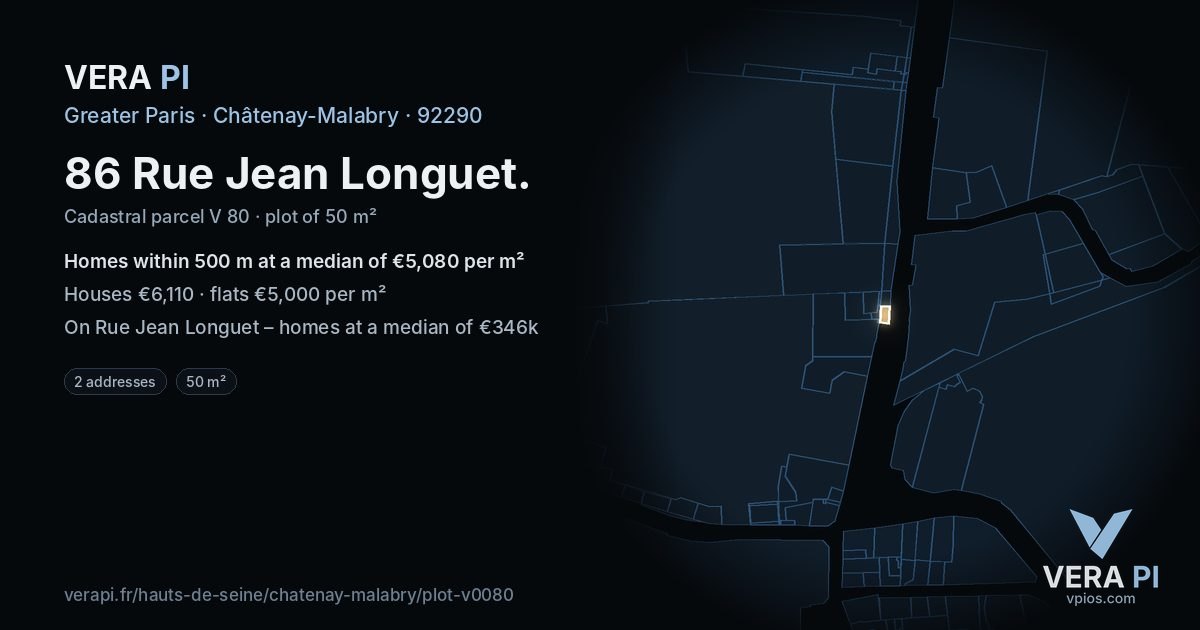 86 Rue Jean Longuet, Châtenay-Malabry at night – the plot lit, the parcels around coloured by the prices near them