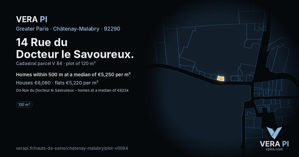 14 Rue du Docteur le Savoureux, Châtenay-Malabry at night – the plot lit, the parcels around coloured by the prices near them