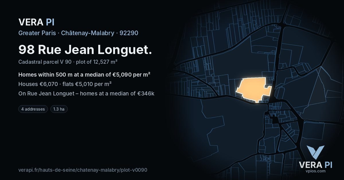 98 Rue Jean Longuet, Châtenay-Malabry at night – the plot lit, the parcels around coloured by the prices near them
