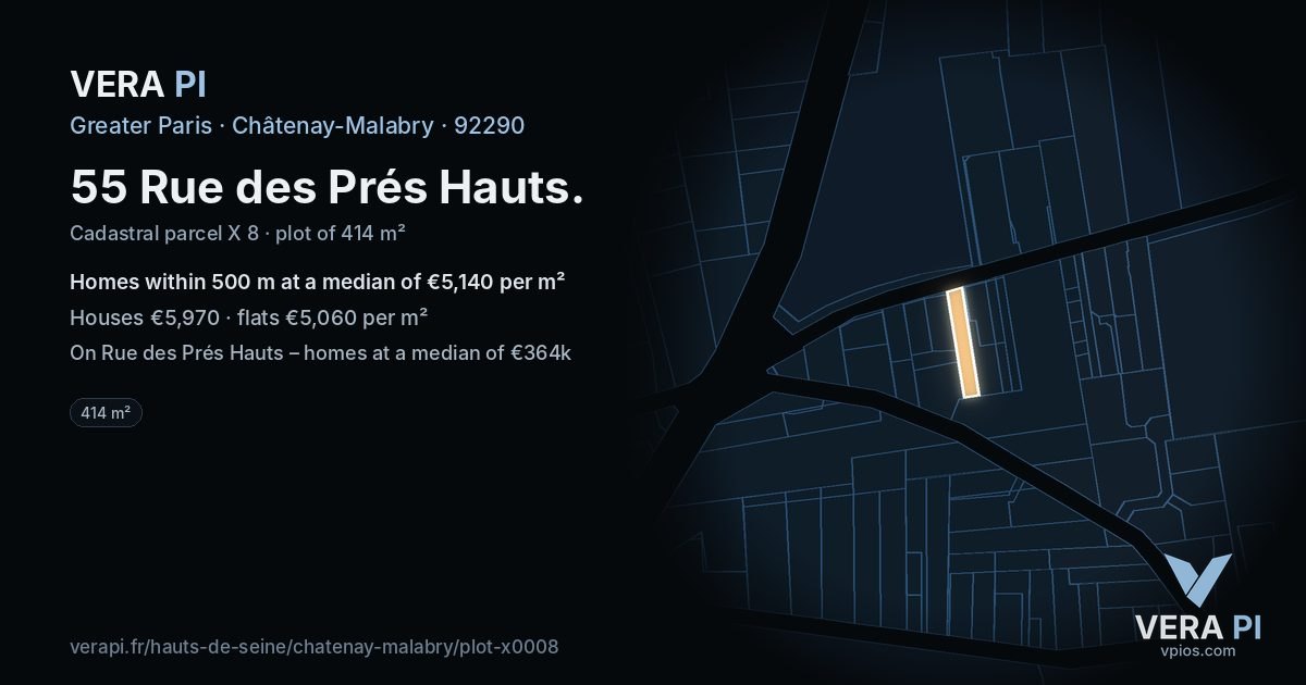 55 Rue des Prés Hauts, Châtenay-Malabry at night – the plot lit, the parcels around coloured by the prices near them