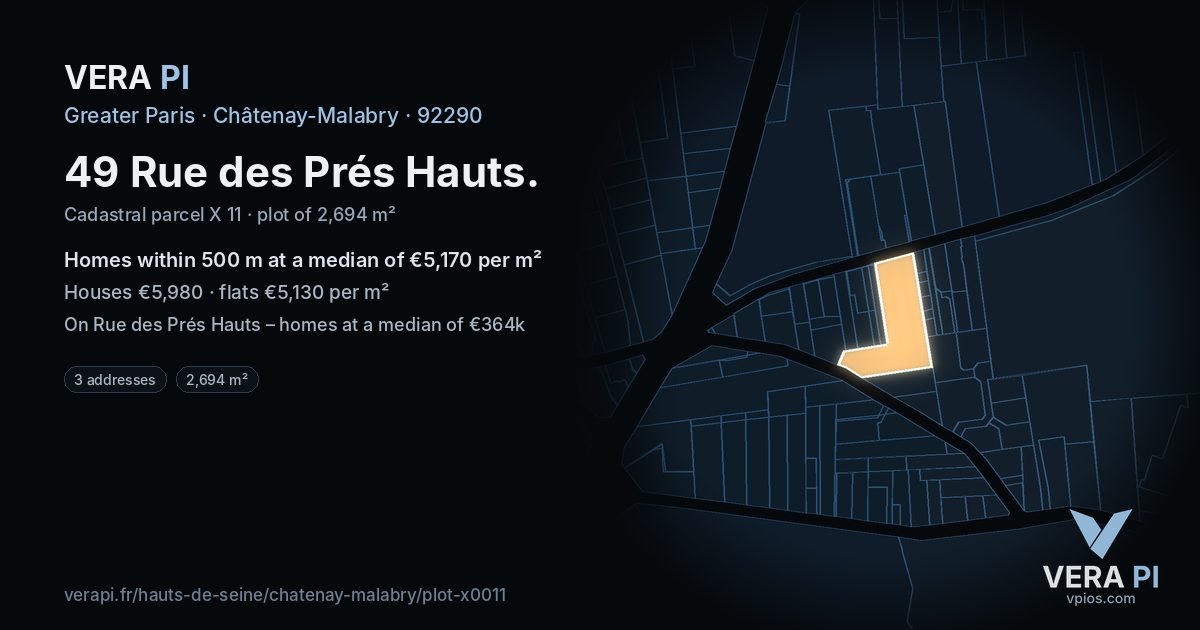 49 Rue des Prés Hauts, Châtenay-Malabry at night – the plot lit, the parcels around coloured by the prices near them