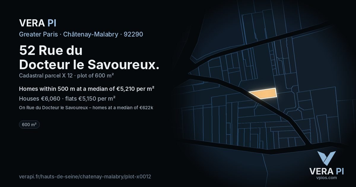 52 Rue du Docteur le Savoureux, Châtenay-Malabry at night – the plot lit, the parcels around coloured by the prices near them