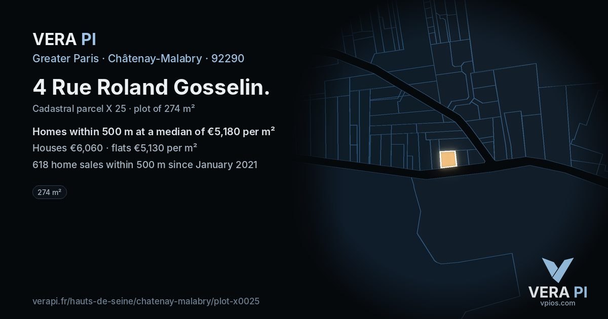 4 Rue Roland Gosselin, Châtenay-Malabry at night – the plot lit, the parcels around coloured by the prices near them