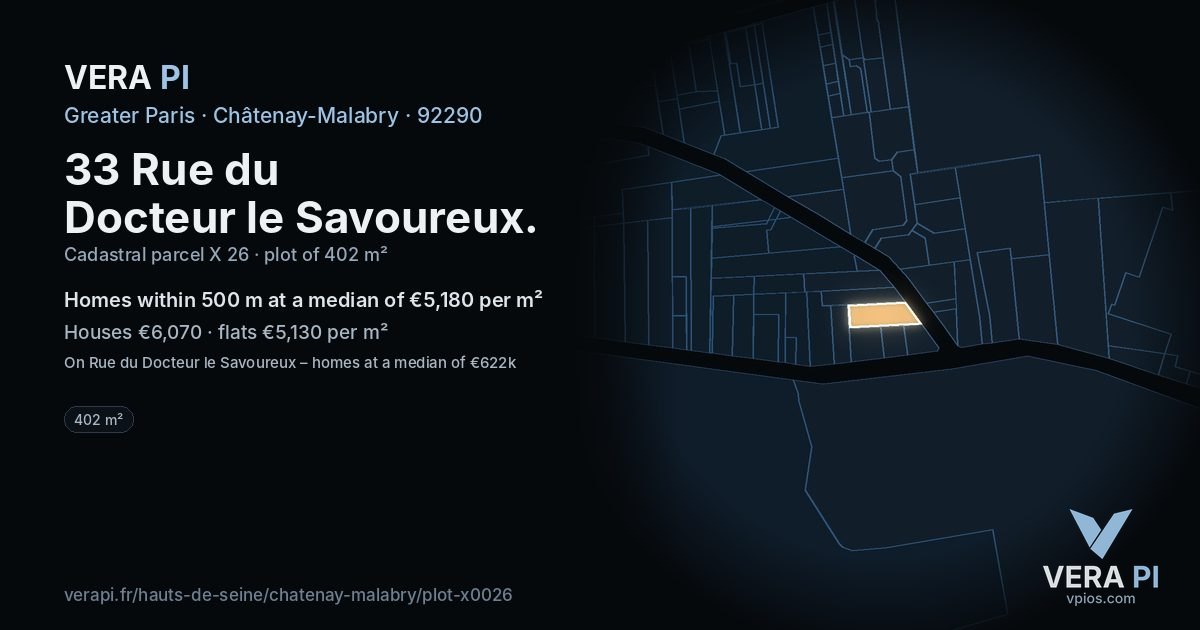 33 Rue du Docteur le Savoureux, Châtenay-Malabry at night – the plot lit, the parcels around coloured by the prices near them