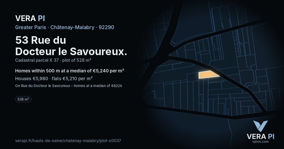 53 Rue du Docteur le Savoureux, Châtenay-Malabry at night – the plot lit, the parcels around coloured by the prices near them