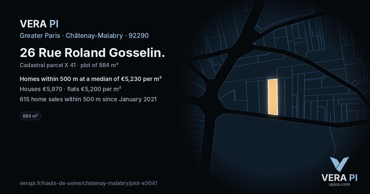 26 Rue Roland Gosselin, Châtenay-Malabry at night – the plot lit, the parcels around coloured by the prices near them